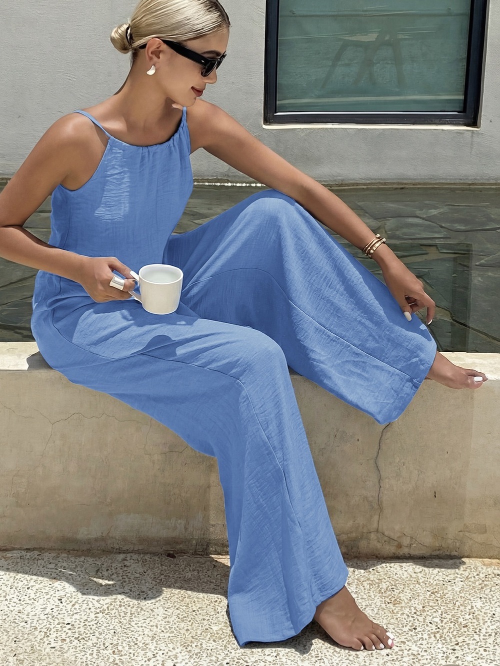 🩵Hello Gorgeous! Wide-Leg Tie-Strap Jumpsuit - Blue